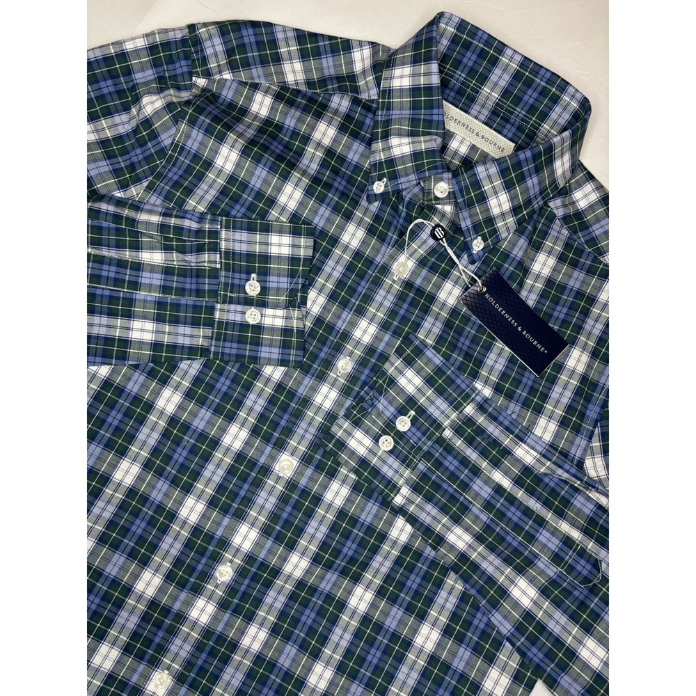 Holderness & Bourne The Andrews Shirt Tailored Fit Stretch Blue Plaid Medium NWT